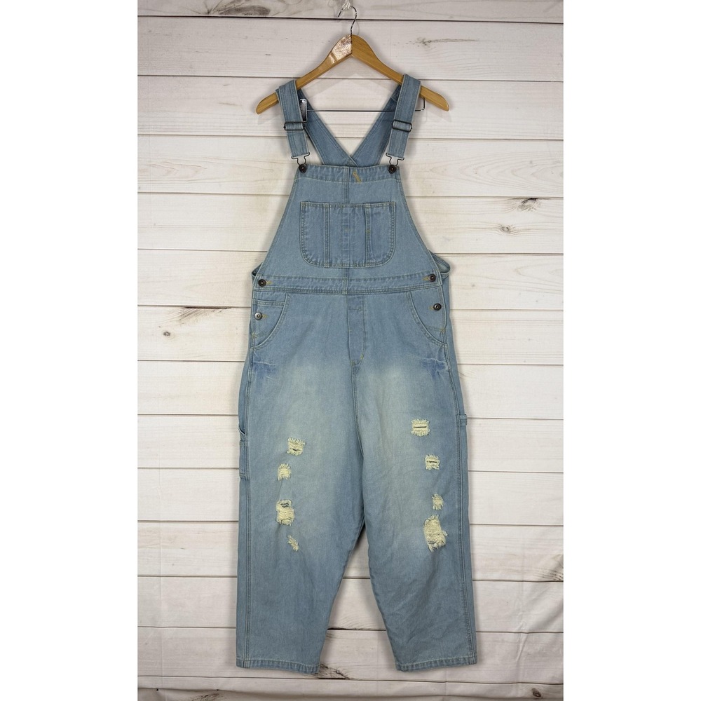 MONTHORIGIN Overalls Womens Large Blue Denim Distressed Bib Cropped Pockets